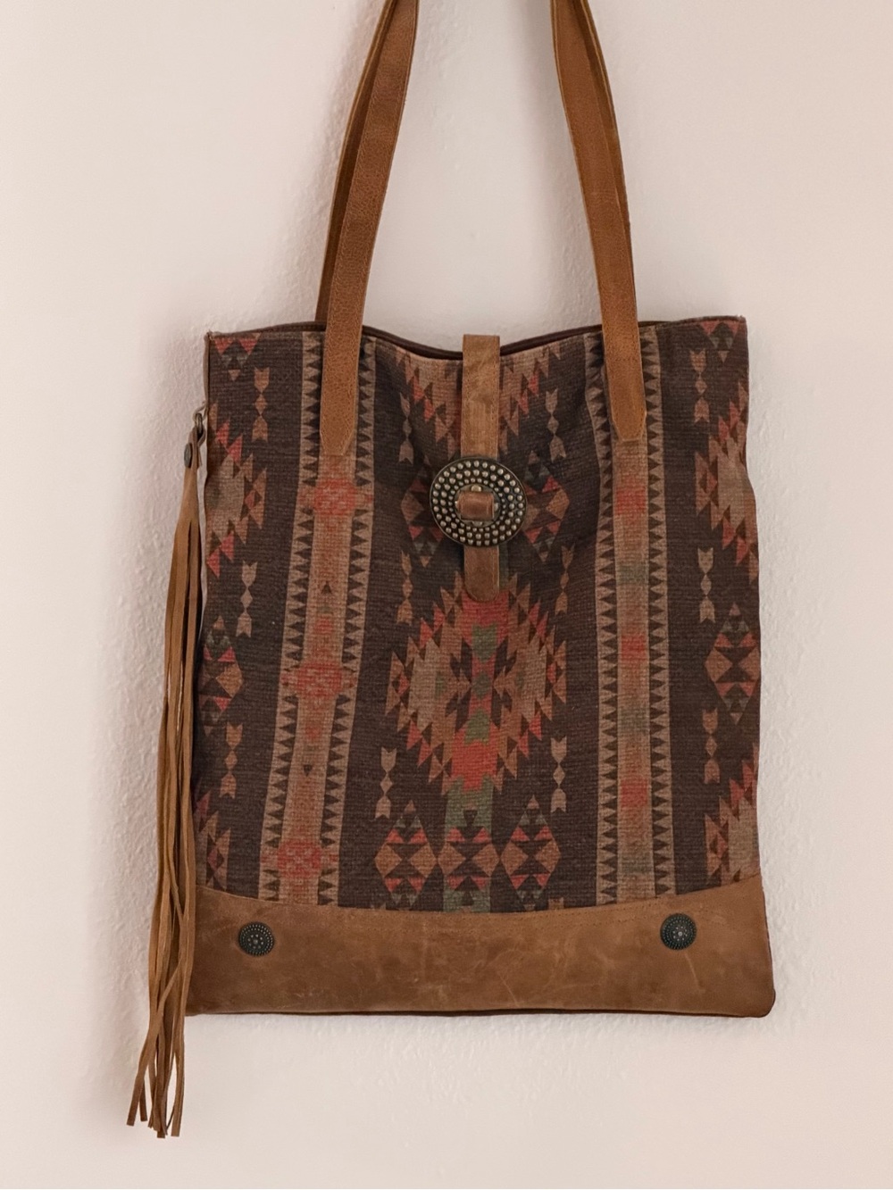 Southwestern Pattern Brown Tote with Concho and Fringe